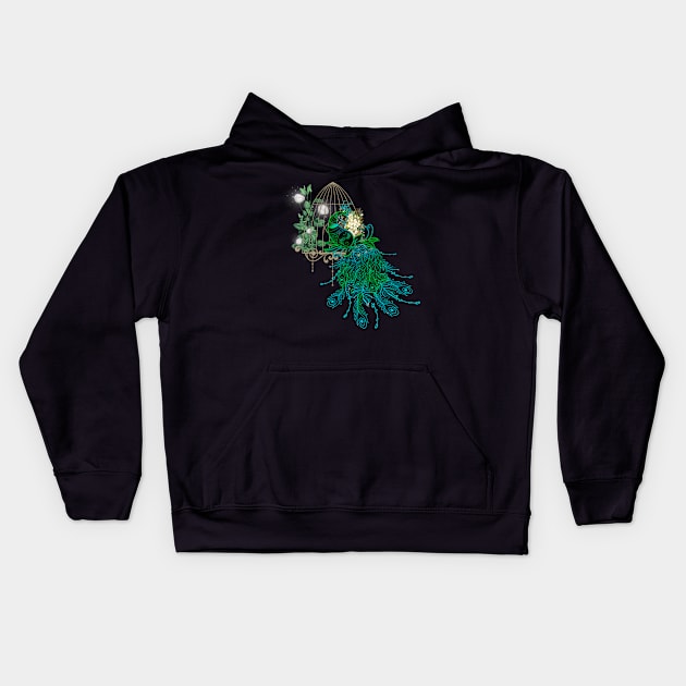 Elegant peacock with cage and flowers Kids Hoodie by Nicky2342